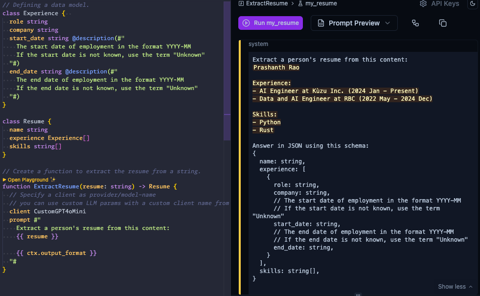 The model and functions in BAML (left) and the actual prompt sent to the LLM (right)