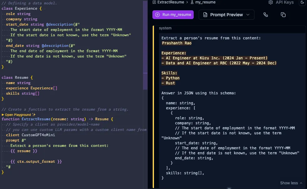 The model and functions in BAML (left) and the actual prompt sent to the LLM (right)