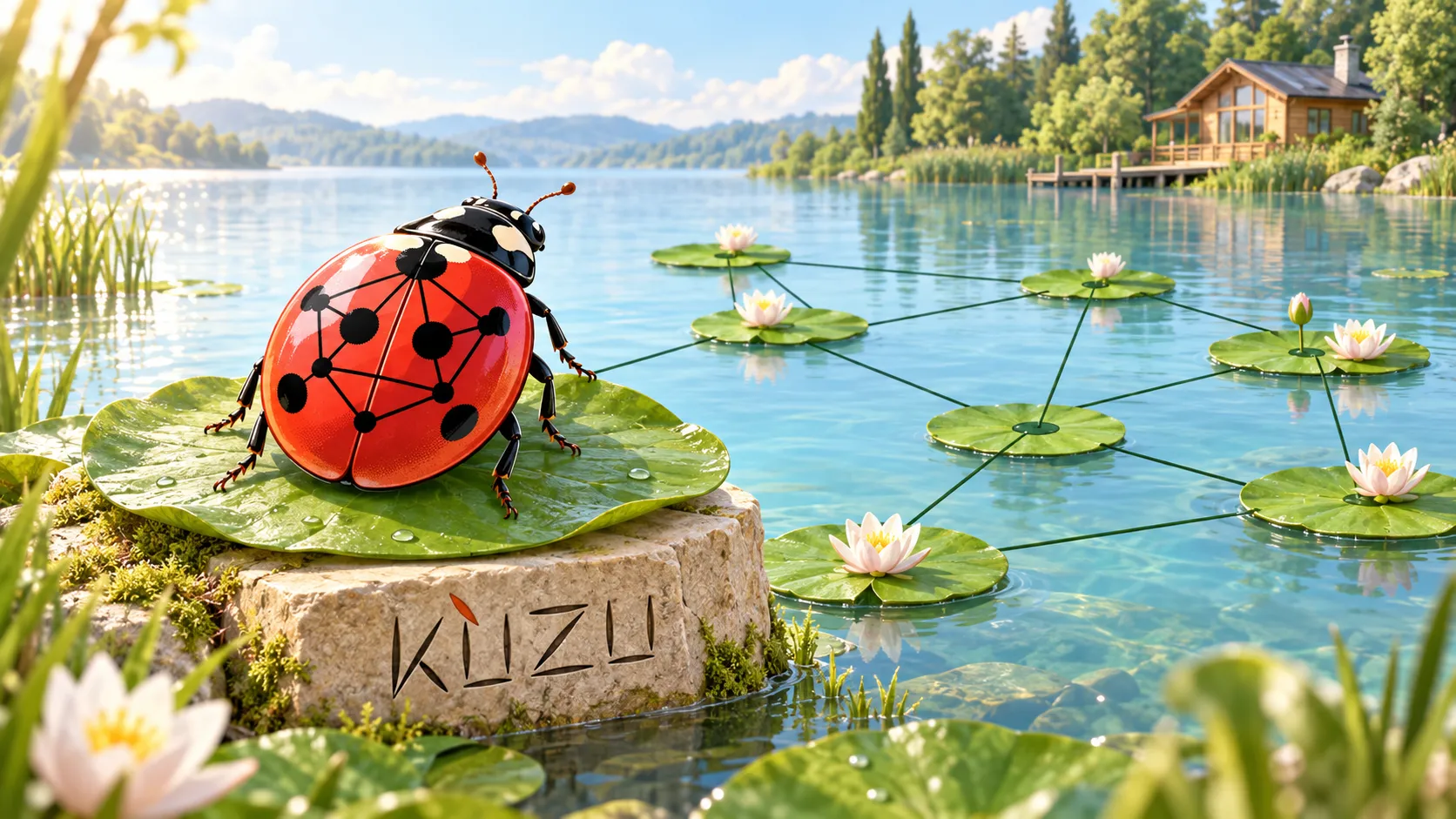 A ladybug whose spots form a graph, resting on a lily pad atop a stone engraved with Kuzu, beside a lake of lily pads connected like a graph