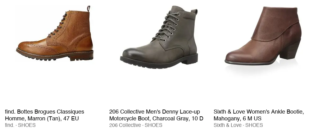 Three product boot images returned for the query, each shown with its title, brand, and type.