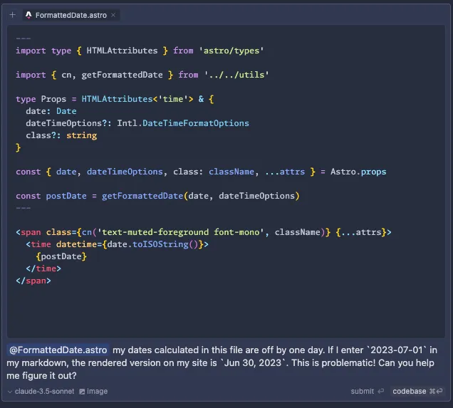 Explaining to Claude 3.5 Sonnet about the datetime issue in the Astro theme