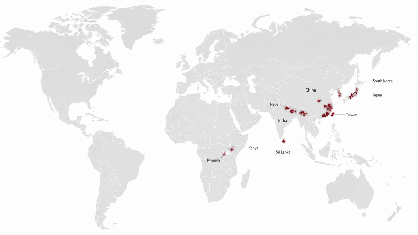 Some prolific tea-growing regions, spanning nine countries across East Asia, South Asia and East Africa